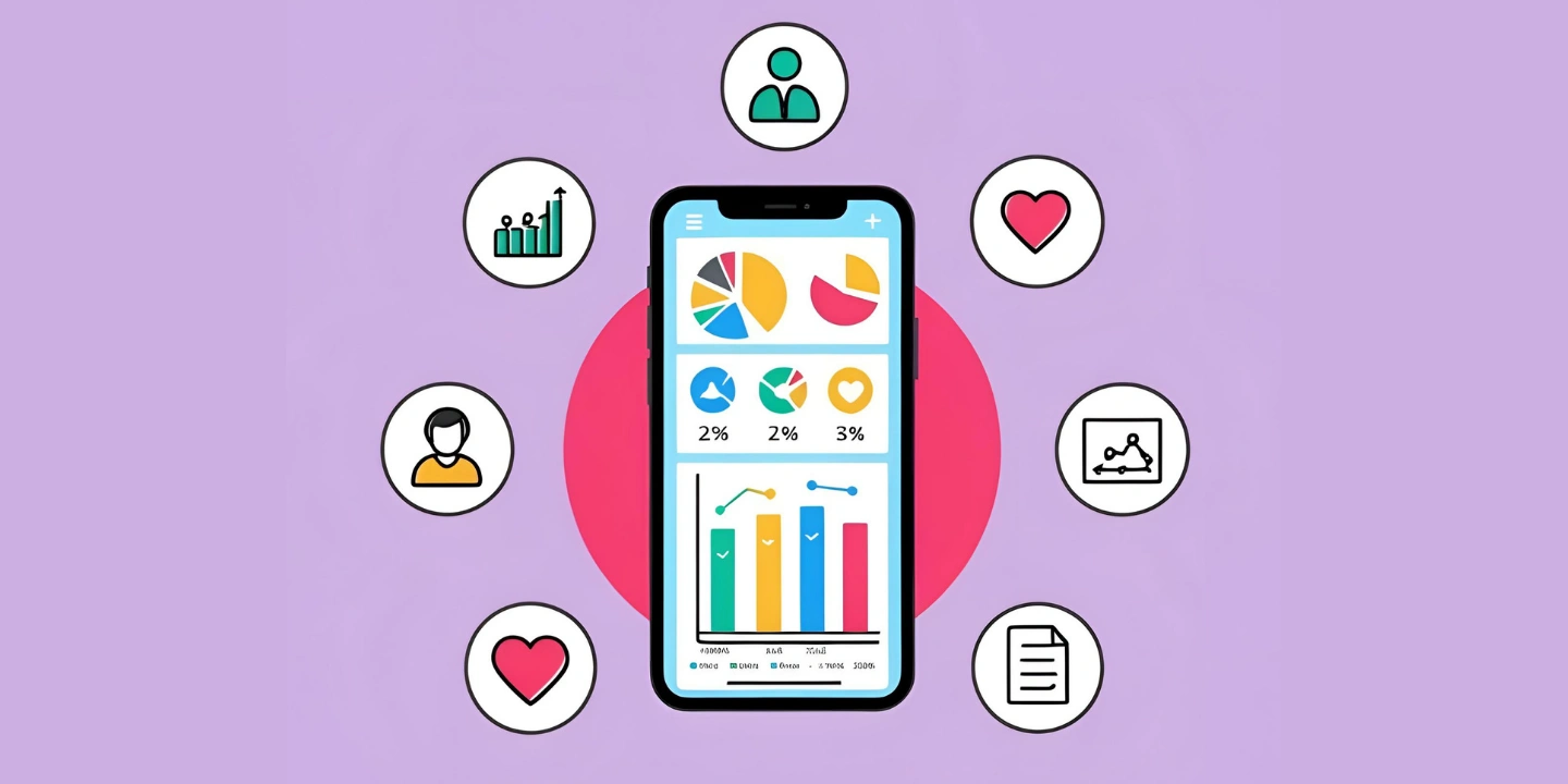 Flat-design graphic of a smartphone showing social media analytics, with bullet-point icons and the text ‘Unlock Your Audience Insights.