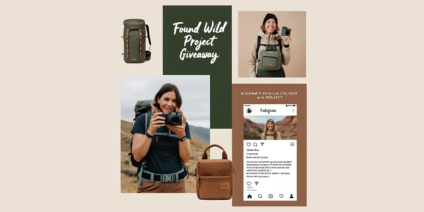 Mood board collage of an influencer with a camera and Instagram giveaway screenshots for Found Wild Project, in earthy tones.